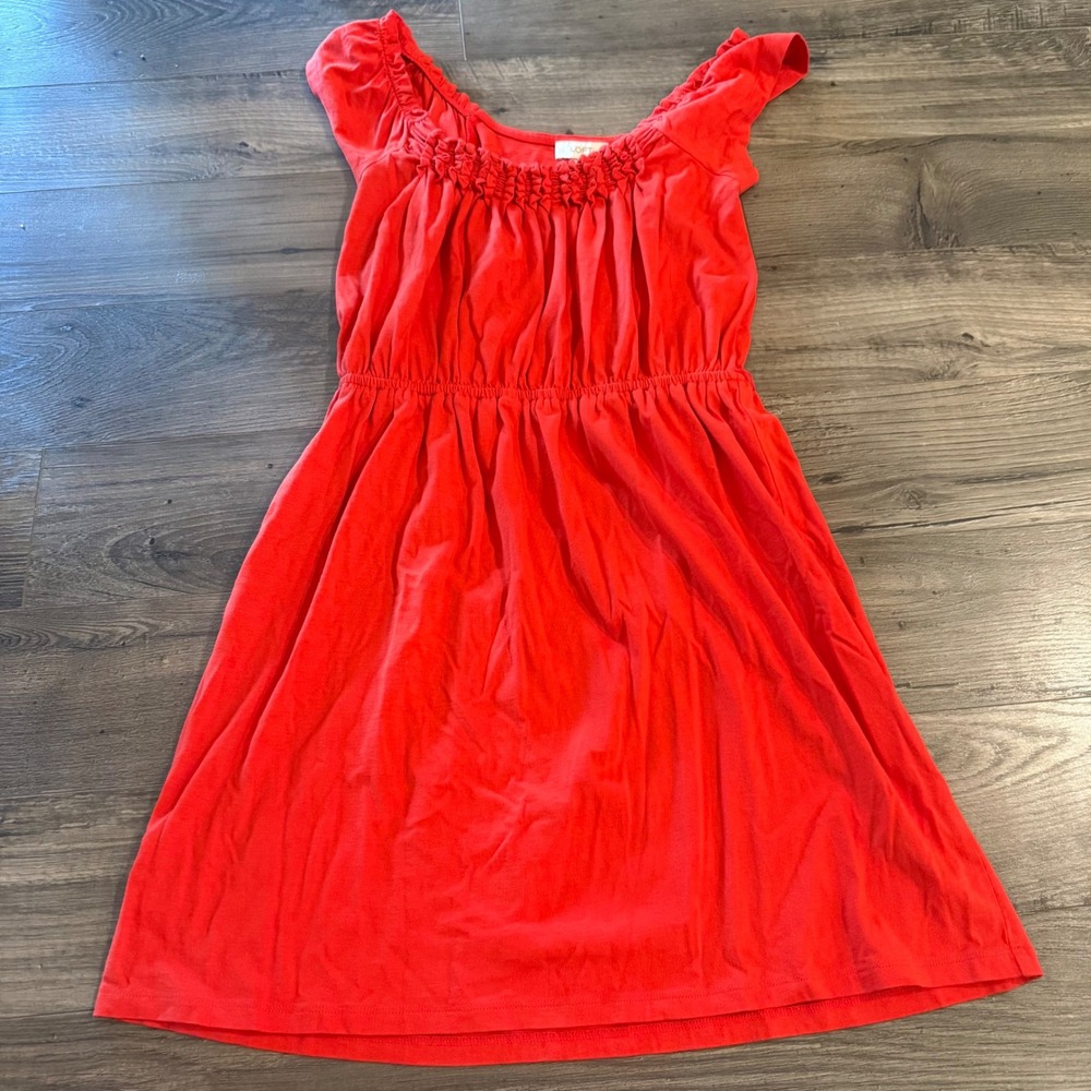 Loft Red Smocked Ruffle Neck Cap Sleeve Cotton Modal Knit Dress Medium ID 70096